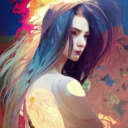 Prompt: hyperdetailed portrait of beautiful girl, sharp foccus ilustration, artstation hq. intricate, elegant. wlop, greg rutkowski, alphonse mucha,. dan mumford, rossdraws, marc simonetti. incredible background. full height. louise zhang. colorful splashes of paint. background by repin. abstract. decollage painting