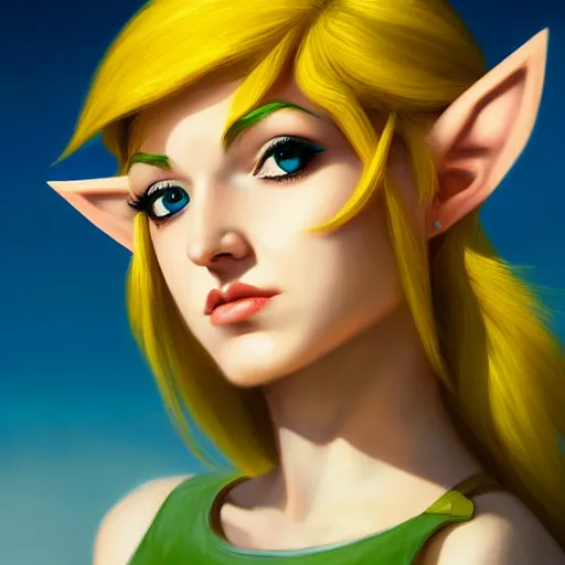 Prompt: portrait of a female Link from legend of Zelda, face, asymmetrical, profile picture, Organic Painting, sunny day, Matte Painting, bold shapes, hard edges, street art, trending on artstation, by Sam Youn and Gil Elvgren