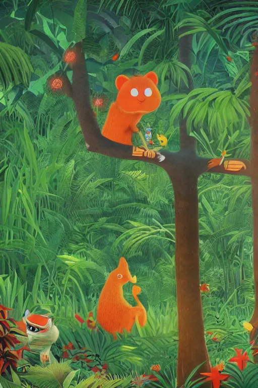 Image similar to rare bird in the jungle, night, stars, highly detailed, unreal engine render concept art, style of henri rousseau and richard scarry and hiroshi yoshida