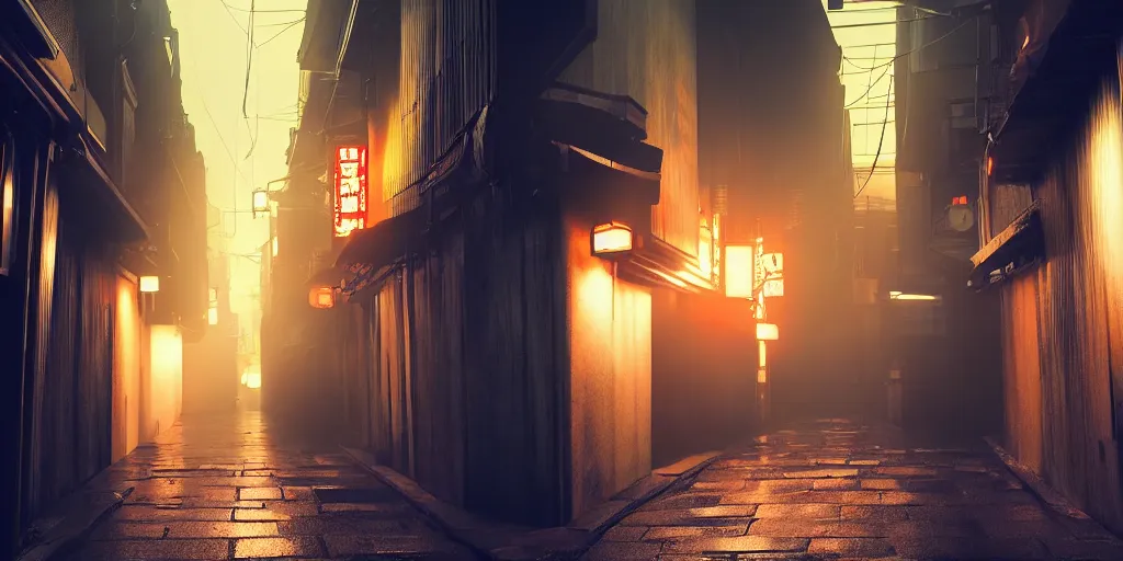 Image similar to a japanese alleyway in the style of blade runner 2049, volumetric lighting,