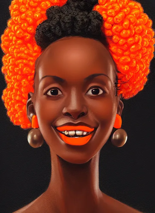 Image similar to portrait of shy black girl, realistic, bantu knots, pointy nose, lanky, smile, nerdy, defined jawline, big chin, orange hair bow, earrings, intricate, elegant, glowing lights, highly detailed, digital painting, artstation, sharp focus, illustration, art by wlop, mars ravelo and greg rutkowski