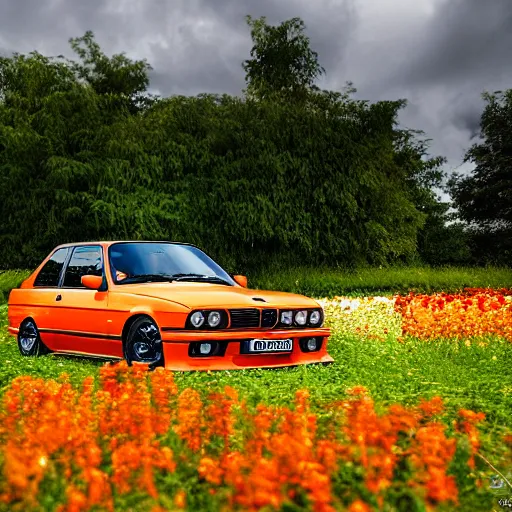 Image similar to photorealistic image of orange bmw e 3 0 m 3 in a field of flowers, picture taken from below