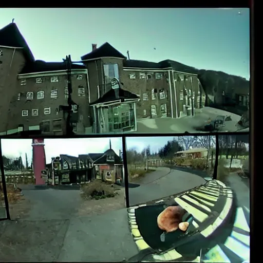 Prompt: grainy security cam footage still movie Willy Wonka and his Chocolate Factory, extreme wide angle