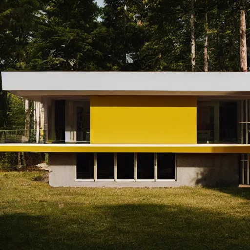 Prompt: architecture ad for a mid-century modern house in the middle of the wood designed by BIG. grain, cinematic, colorized, yellow hue.