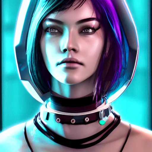 Image similar to headshot portrait of cyberpunk woman wearing thick steel choker around neck, 4K, detailed face, collar on neck, realistic, artstation, cyberpunk style, neon,