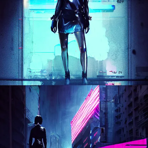 Image similar to high fashion poster clothing design photographic, majiec kuciara, cyberpunk blade runner, volumetric light, floodlight, ambient, street, dark, neon lights, artstation, high contrast, 4 k detailed