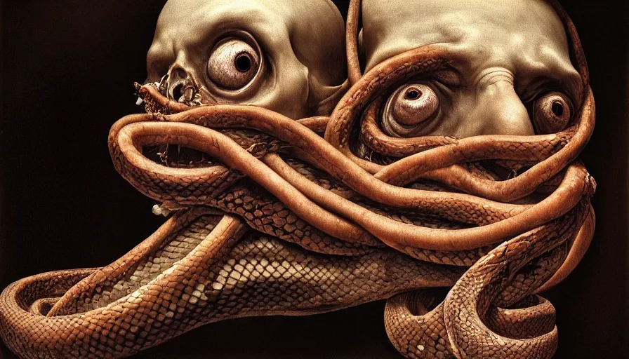 Prompt: rotting snake with human face. bodyhorror, death, fear, horror, by caravaggio, extremely high detail, ultra realistic, photorealism, 4 k