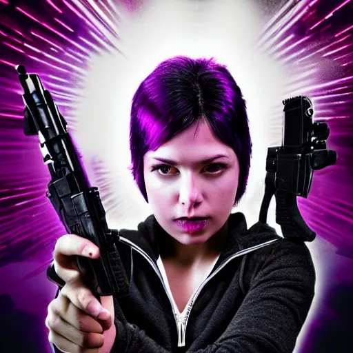 Image similar to poster artwork, sci fi, a female, full body, black hoodie techie, black hair with purple streaks, holding a gun, 8 k