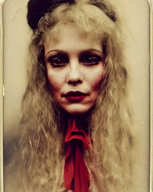 Prompt: an instant photo of a beautiful but sinister woman in layers of fear, with haunted eyes and matted blonde hair, 1 9 7 0 s, seventies, delicate embellishments, a little blood, crimson, painterly, offset printing technique, mary jane ansell