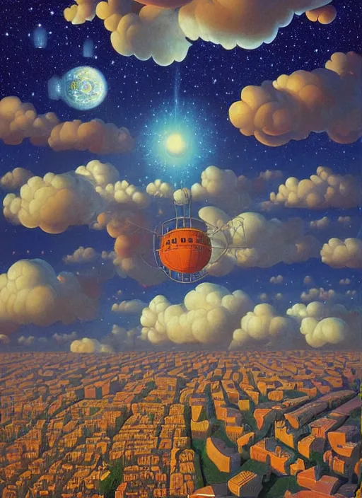 Prompt: a garden city reaching the clouds and stars, vintage shapes, retro technology, happy colors. rob gonsalves, oil on canvas, deep depth field, masterpiece, cinematic composition, hyperdetailed