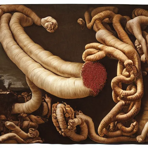 Image similar to by grant wood, by valentin de boulogne midday, dramatic lighting ultradetailed, insane. a installation art of the human intestine in all its glory. each section of the intestine is labelled, & various items & creatures can be seen inside, such as bacteria, food particles, & even a little mouse.