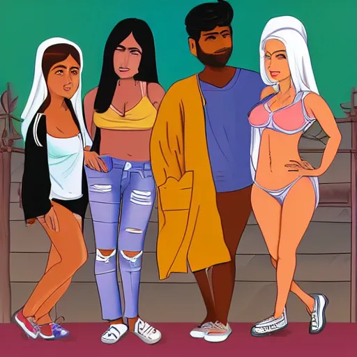 Image similar to cartoon of a short brown indian man migit walking with a young asian woman, a thick white blonde teenage girl, and a thick juicy spanish teenage girl, and a black bodacious babe in a small town in india all wearing clothes