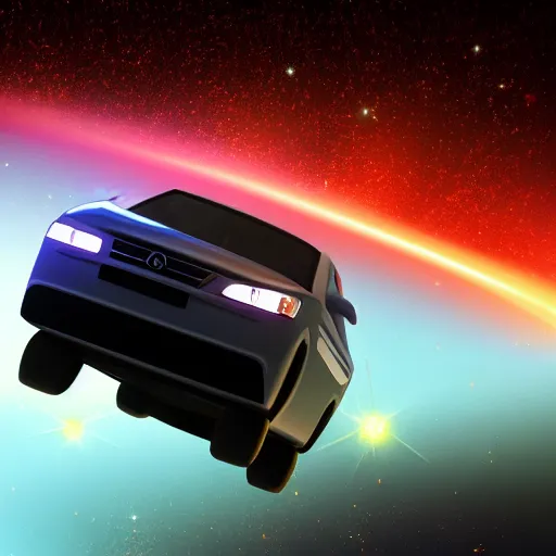 Prompt: A car flying through space, in the distance is a planet, neon, colorful, hyper realistic