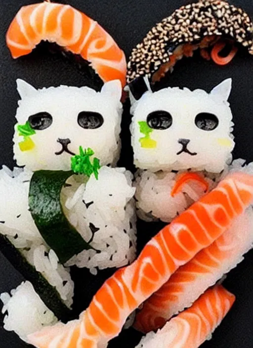 Image similar to clear photorealistic picture of adorable cats made out of sushi