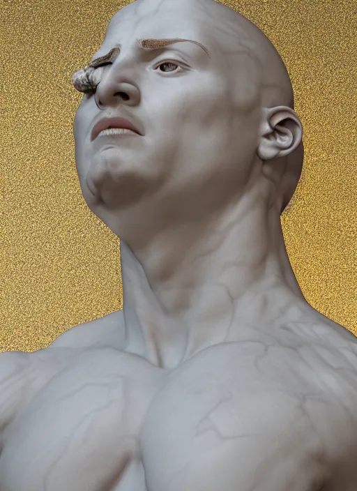 Prompt: a statue made of white marble with gold veins, of klay thompson petting a bulldog, full body shot, perfect symmetrical body, perfect symmetrical face, hyper realistic, hyper detailed, by johannen voss, by peter kemp, by monia merlo, by michelangelo, octane render, blender, 8 k