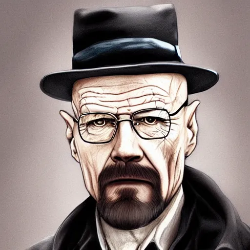 Image similar to walter white as a vampire, detailed digital art, painted by WLOP