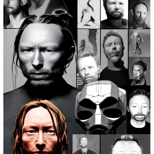 Image similar to version collage, hyper realistic, many variations of very old thom yorke, face variations, statue of ultron body, very long shot, cybernetic, high quality, brush stroke