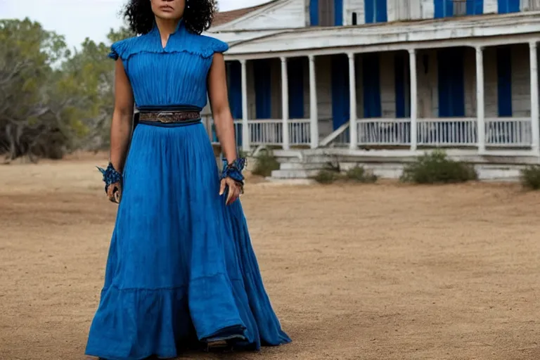 Image similar to portrait of tessa thompson wearing a blue dress on an old west plantation in westworld