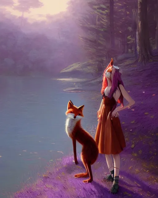 Image similar to an anthropomorphic fox girl with purple hair wearing a simple sundress, this fox has a pronounced snout and two pointed black ears, beautiful lake background, illustration by greg rutkowski, thomas kindkade, loish, artstation, furaffinity, deviantart