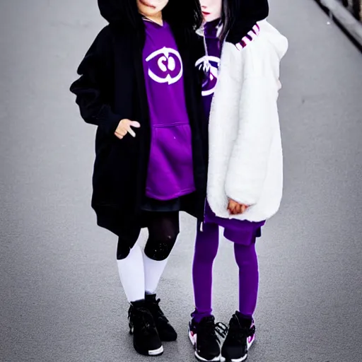 Image similar to two girls, a girl with short white hair and polar bear ears wearing an open black coat, another girl with long black hair wearinga purple hoodie with red eyes