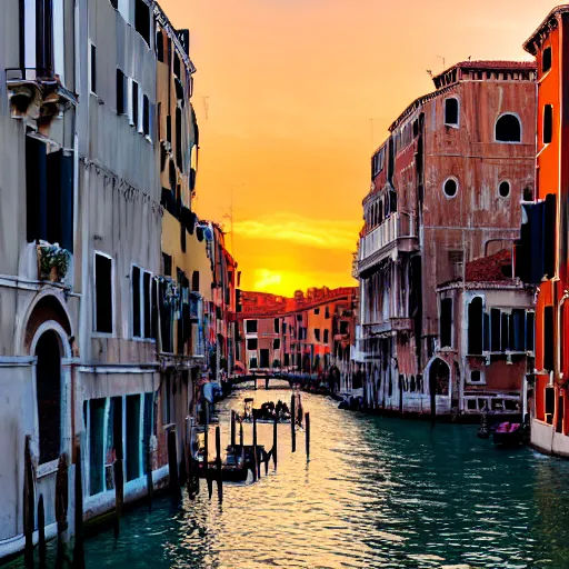 Image similar to two robots who faill in love in venice, sunset golden hour