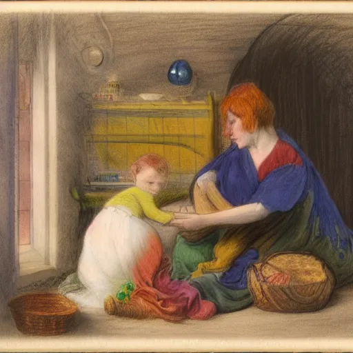 Image similar to colored pencil, detailed, cirque du soleil washed - out by edwin henry landseer. a beautiful drawing harmony of colors, simple but powerful composition. a scene of peaceful domesticity, with a mother & child in the center, surrounded by a few simple objects. colors are muted & calming, serenity & calm.