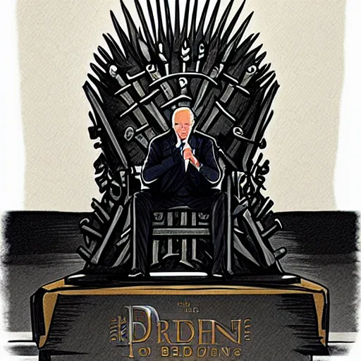 Image similar to joe biden sitting on top of a giant iron throne, a poster by matt bors, trending on reddit, sots art, official art, glorious, epic