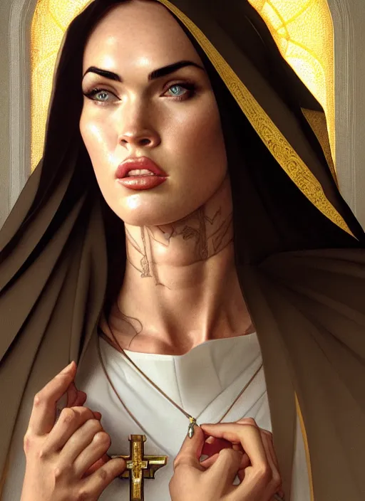 Image similar to portrait of megan fox as a nun, catholic, church, bible, christian, intricate, headshot, highly detailed, digital painting, artstation, concept art, sharp focus, cinematic lighting, illustration, art by artgerm and greg rutkowski, alphonse mucha, cgsociety