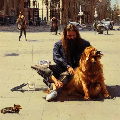 Image similar to oil painting of a man with long hair and a beard with his golden retrever dog playing guitar in the square for money people watching around, by greg rutkowski, artstation