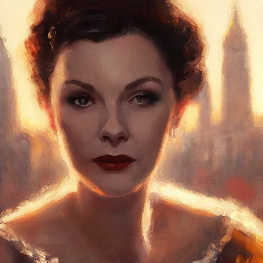 Prompt: closeup portrait of a young vivian leigh, seductive smile, chiaroscuro, city background, golden hour, dramatic lighting, warm cold contrast, high detail, painted by greg rutkowski, painted by igor kieryluk, trending on artstation