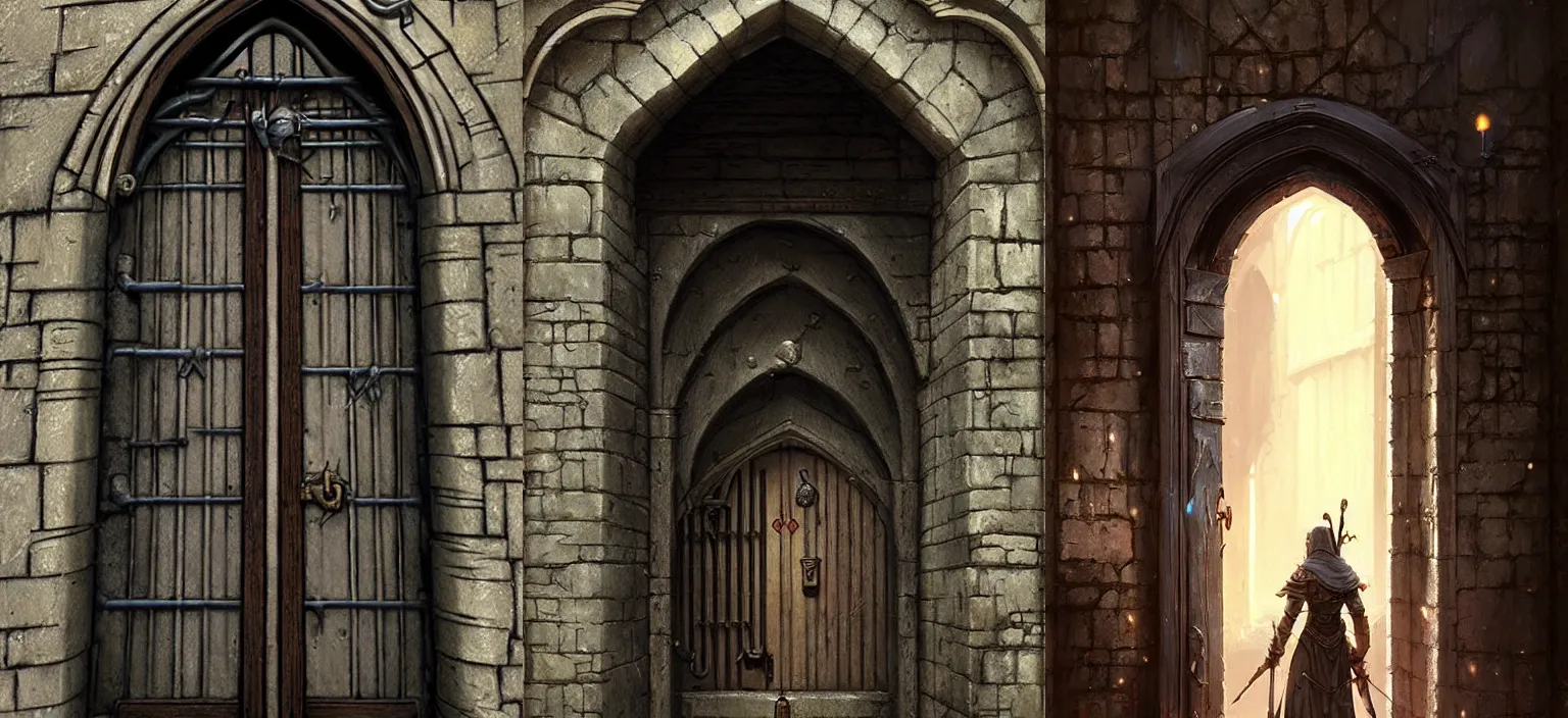 Prompt: medieval door with black steel bars, stephen bliss, unreal engine, fantasy art by greg rutkowski, loish, rhads, makoto shinkai and lois van baarle, detailed and intricate environment