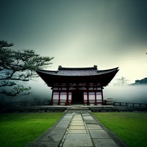 Prompt: detailed photo of a Japanese temple in the morning with mist around the ground, cinematic, golden ratio, beautiful, high detail