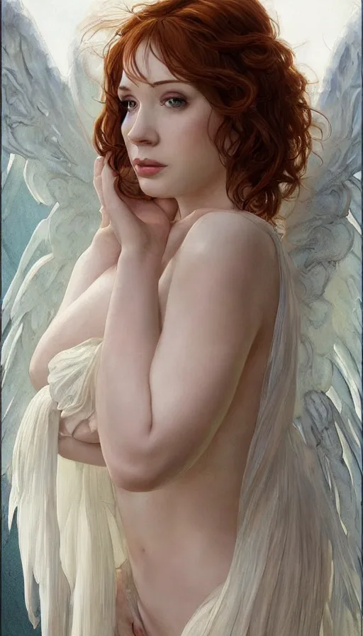 Image similar to Angel Bride, perfectly-centered-painting of young Christina Hendricks looking at the camera, hands not visible, sweaty, wet, dynamic action pose, insane, intricate, highly detailed, digital painting, artstation, concept art, smooth, sharp focus, illustration, Unreal Engine 5, 8K, art by artgerm and greg rutkowski and alphonse mucha