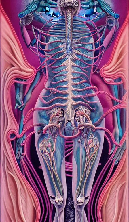 Image similar to a biomorphic painting of the high priestess tarot card, a anatomical medical illustration by nychos and alex grey, cgsociety, neo - figurative, pastel blues and pinks, detailed painting, rococo, oil on canvas, lovecraftian