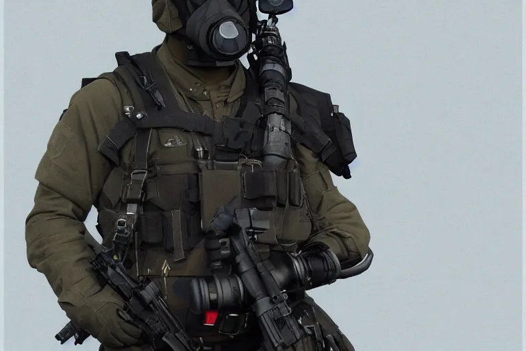 Image similar to uk sas operative with the standard s 1 0 gas mask and the black uniform, artstation, trending on artstation, establishing shot