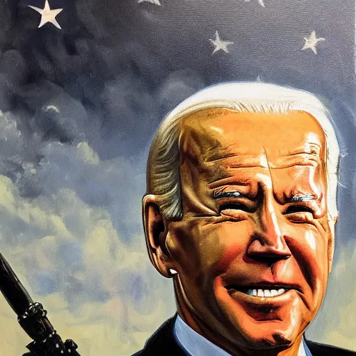 Prompt: oil painting Joe Biden with glowing eyes, looking stern, holding an RPG, in a desert landscape, epic, dark