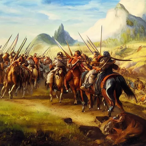 Prompt: a detailed oil painting of charging viking army on horseback over a lush valley + one heavy axe wielding viking warrior leading the brigade