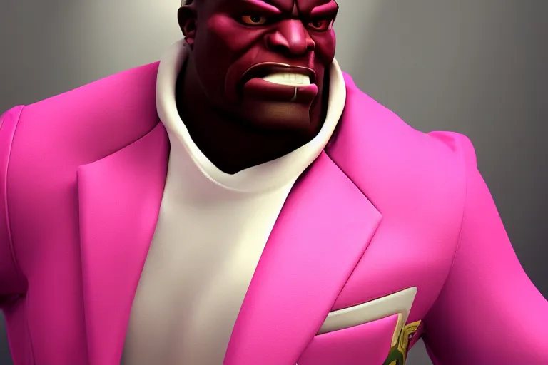 Image similar to doomfist, pink blazer, overwatch game, digital art, high detailed, artstation, 3 d render