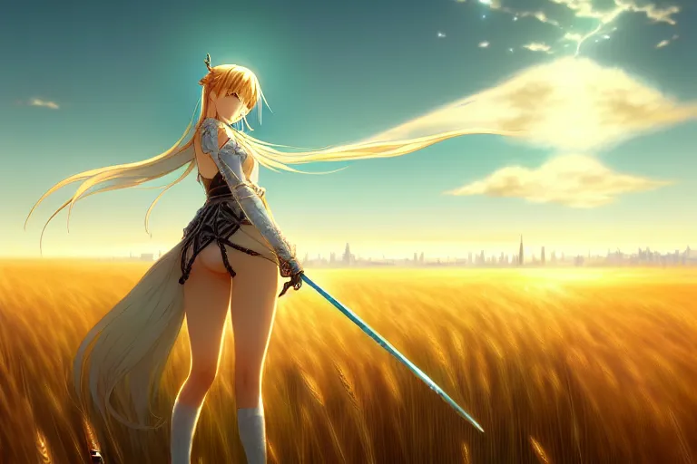 Image similar to wlop's legendary and beautiful anime - style digital painting of saber lily standing in a field of wheat, facing the far - off city to the west, intricate details, ultra realistic, beautiful art, volumetric lighting, by wlop, by art germ, by brom, trending cgsociety, artstation