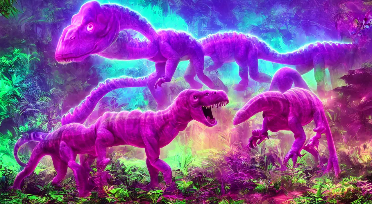 Image similar to spectral purple neon dinosaur, spectral neon pink dinosaur, spectral yellow neon dinosaur, green jungle background, detailed, ultrawide landscape