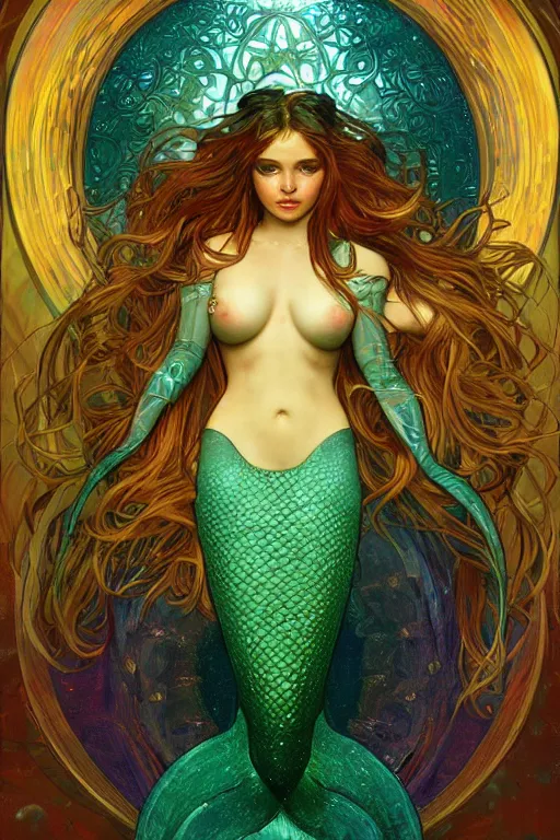 Image similar to a beautiful mermaid, symmetrical features, cinematic lighting, soft bokeh, fantasy, modern, colourful, highly detailed, digital painting, artstation, deviantart, concept art, sharp focus, illustration, by alphonse mucha