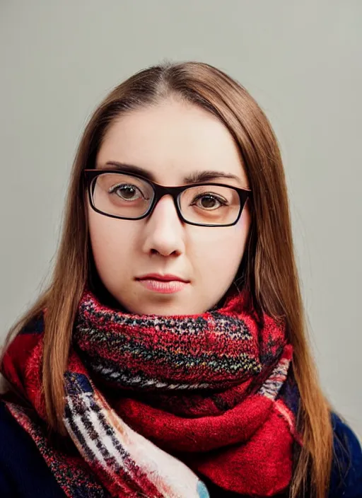 Prompt: portrait of a 2 3 year old woman, symmetrical face, scarf, glasses, she has the beautiful calm face of her mother, slightly smiling, ambient light, earring