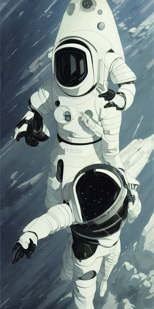 Image similar to a man with a futuristic white space armor walking out of a black spaceship on the moon, black spaceship, black spaceship, in the style of studio ghibli, j. c. leyendecker, greg rutkowski, artem