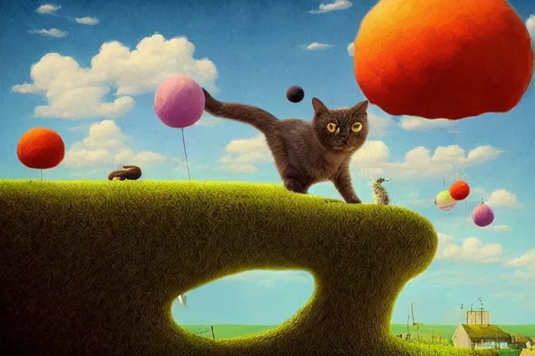 Prompt: surreal cat floating in the sky, summer morning, very coherent and colorful high contrast, art by!!!! gediminas pranckevicius!!!!, geof darrow, dark shadows, hard lighting