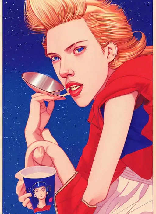 Image similar to realistic portrait of scarlett johansson as a sailor moon, making the coffee, early morning, light falling on face, futuristic, highly detailed, 8 0 - s style poster, sharp focus, illustration, art by kawase hasui,