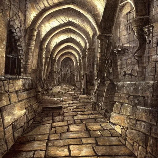 Prompt: A large dark Medieval dungeon, torture machines, stone walls and arches, wet floor, High definition, detailed,