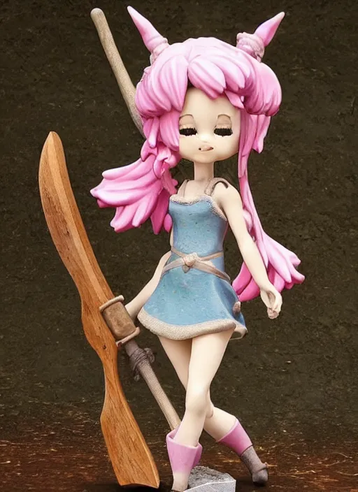 Prompt: a wholesome femo figurine of a cute funny axe fairy with freckles wearing a frilly floral axe dress featured on dark souls by studio ghibly and h r giger made of woodcutter's hatchet, pastels, wide angle, dynamic dancing pose, 🎀 🪓 🧚