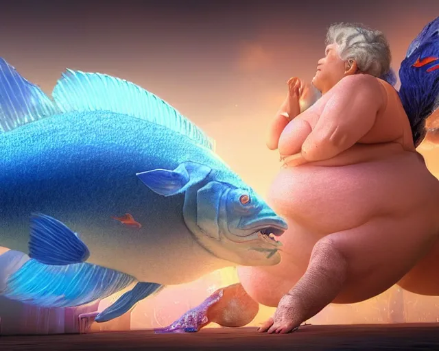 Prompt: of a very beautiful scene. ambient occlusion render. a sweet fat old woman is giving birth to a huge colorful fish. hyper realistic. 4 k. wide angle. sadness. shininess. symmetrical face, red mouth, blue eyes. deep focus, lovely scene. ambient occlusion render. concept art. unreal engine.