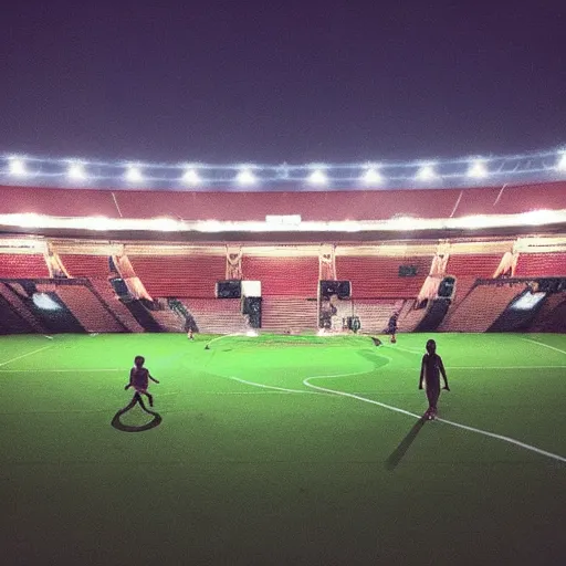 Prompt: “ a photo of two teams playing ultimate frisbee on a soccer field at night with stadium lights ”