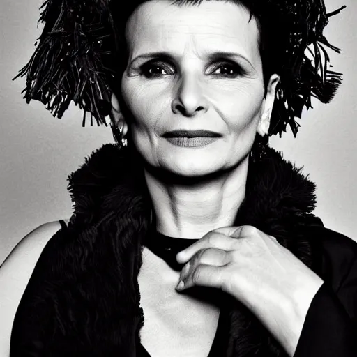 Prompt: Juliette Binoche wearing Mongolian armor, portrait, fashion photography, by Hedi Slimane